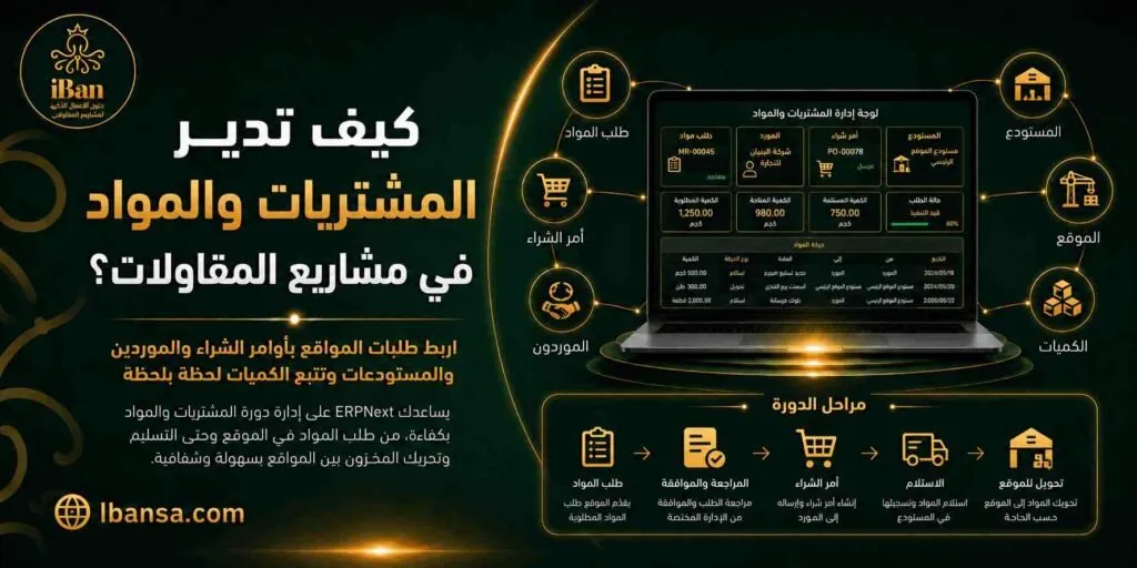 ERPNext يساعد في إدارة المشتريات والمواد في مشاريع المقاولات من خلال ربط طلبات الشراء والمخزون والتكاليف بكل مشروع، مما يقلل الهدر ويحسن الرقابة على المواد
