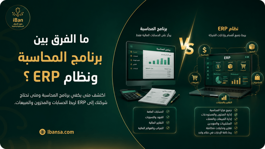 مقارنة بين برنامج المحاسبة ونظام ERP لتوضيح الفرق بين إدارة الحسابات فقط وربط المحاسبة بالمخزون والمبيعات والمشتريات.