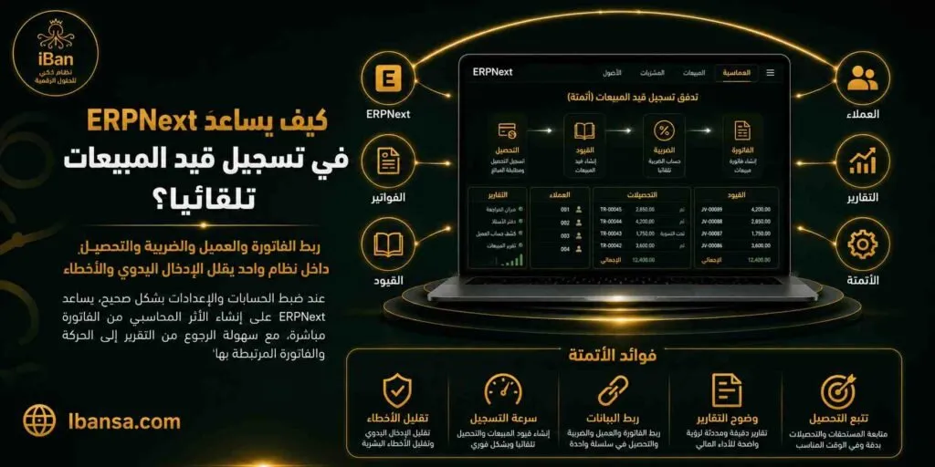ERPNext يساعد في تسجيل قيد المبيعات تلقائيا من خلال ربط الفاتورة بالحسابات والعميل والضريبة، مما يقلل الإدخال اليدوي ويسهل مراجعة العمليات المالية
